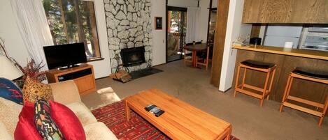 TV, fireplace, video games, DVD player