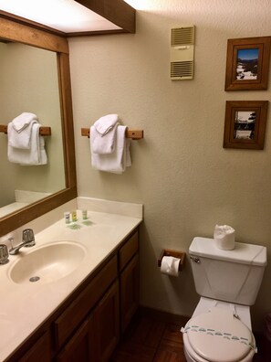 A bathroom with a sink, mirror, toilet, and two towels hanging on wooden towel racks. - Mountainback #74 2 Bedroom 2 Bath (Mammoth Lakes)