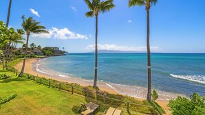 Blick auf einen Strand mit Palmen, eine Rasenfläche inklusive Liegestühlen und einem strahlend blauen Himmel.