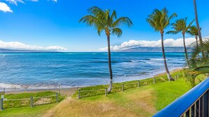A beach view with palm trees and a clear blue sky. - Kahana Village #21 Beach Front Luxury (Lahaina)