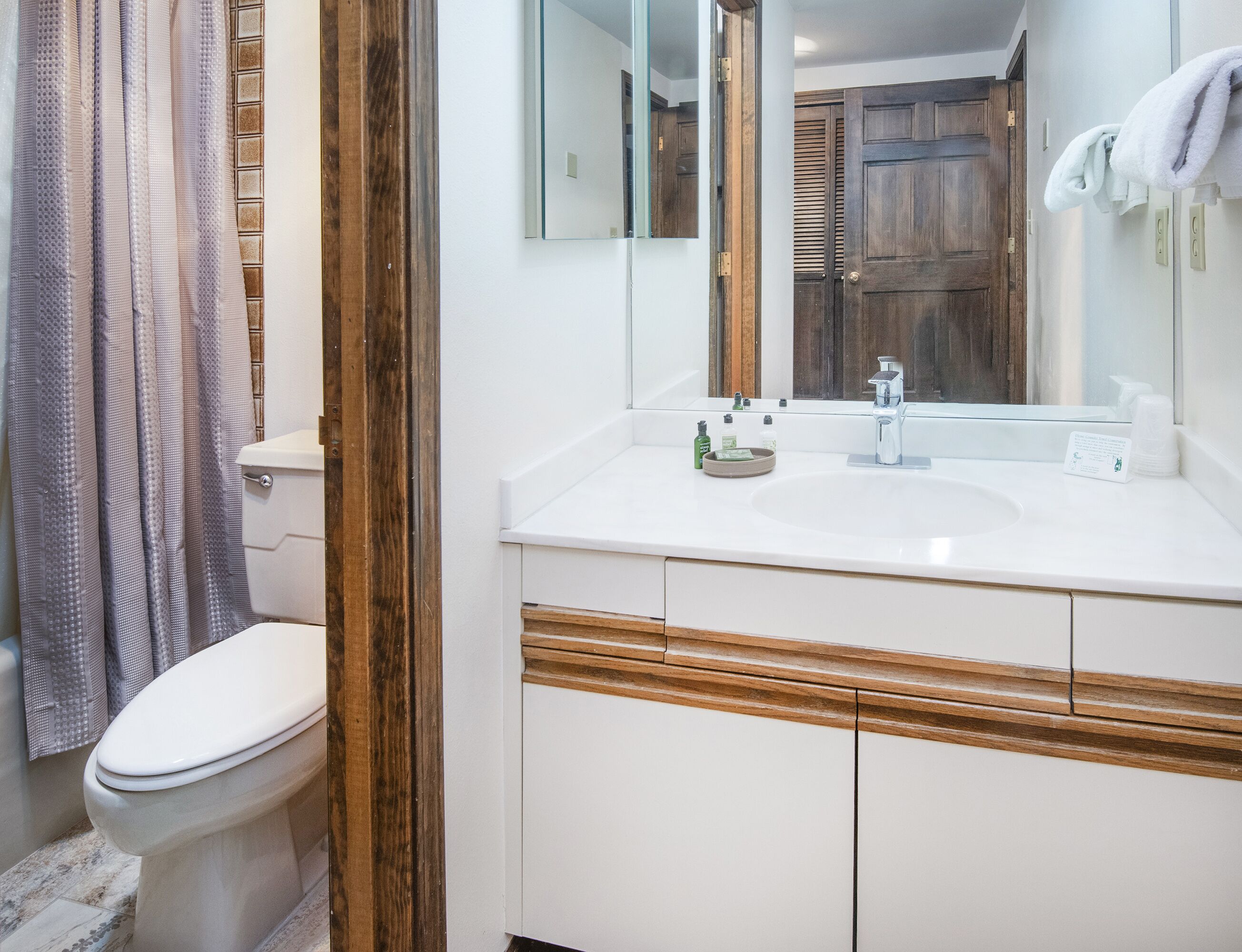 A bathroom with a toilet, a sink, a mirror, and a shower curtain.