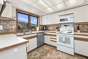 A modern kitchen with a dishwasher, stove, microwave, and a window with a view of the hills.