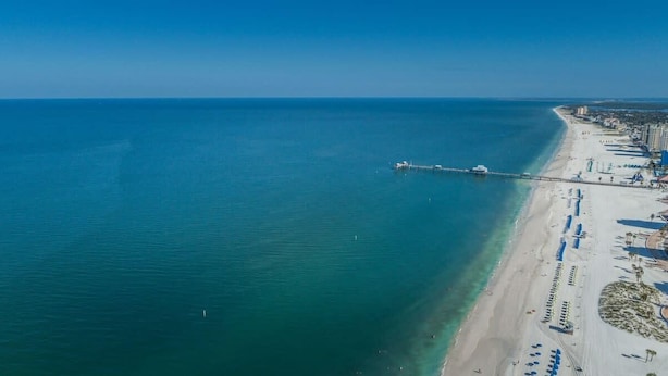 An aerial view of a coastal area with a beach, a pier, and a cityscape in the background.