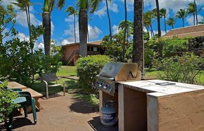 Enjoy al fresco dining in a tropical setting with a grill and comfortable seating.