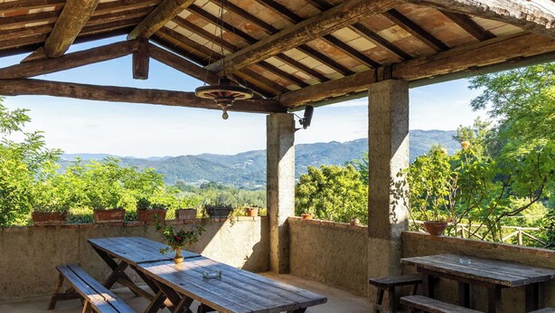 Un patio esterno rustico con tavoli e panche in legno, circondato da piante in vaso e con vista su montagne lontane.