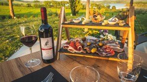 Mesa de madeira ao ar livre com uma garrafa de vinho, copos e uma tábua de frios com diversos queijos e embutidos.