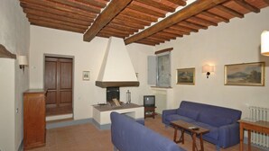 Una sala de estar con chimenea, sofás azules, un televisor y techo de madera.