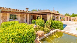 Ein Haus mit Pool, umgeben von üppiger Vegetation und Kakteen.