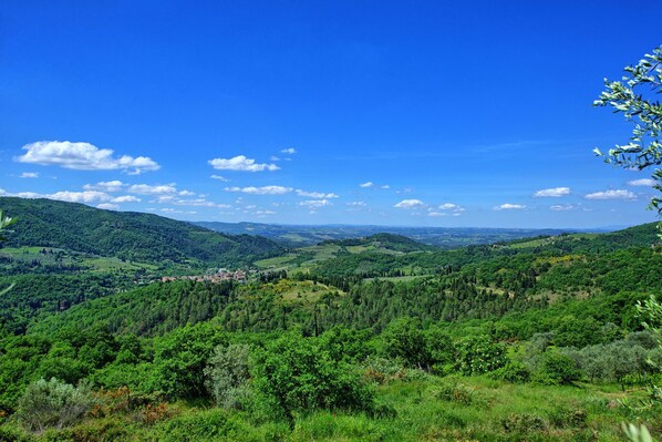 A mountainous landscape with a small town nestled in the valley.