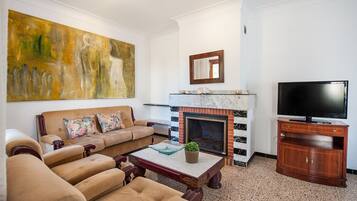 Een televisie en een open haard