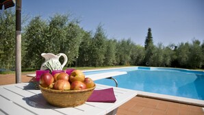 A poolside table with a basket of apples and a pitcher, set against a pool and trees.