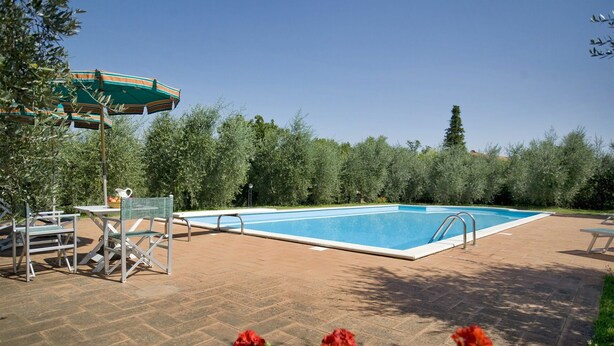 A rectangular swimming pool with a tiled deck, surrounded by greenery and a pergola with striped fabric. - Wonderful private villa for 8 guests with WIFI, private pool, A/C, TV and patio (Palaia)