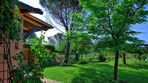 A well-maintained garden with a wooden pergola, lush green grass, and a variety of plants and trees. - Stunning private villa with private pool, WIFI, TV, patio and panoramic view, close to San Gimig... (Sciano)