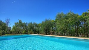 A clear blue swimming pool surrounded by lush greenery. - Stunning private villa with private pool, WIFI, TV, patio and panoramic view, close to San Gimig... (Sciano)