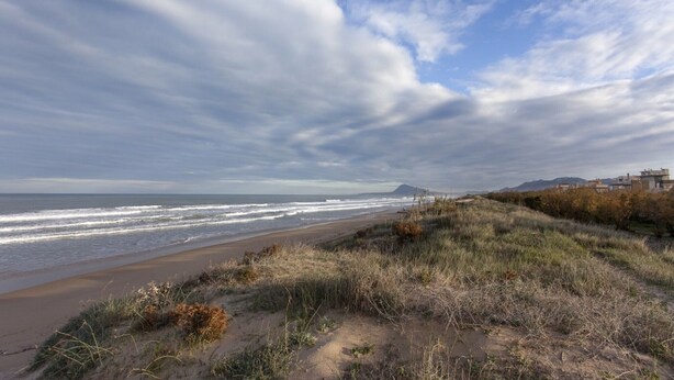 A coastal landscape with a beach, grassy dunes, and a distant mountain. - LLAMÀNTOL - Cosy house with private terrace near the beach. (Oliva)
