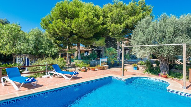Ein Swimmingpool mit blauen Fliesen und Liegestühlen.
