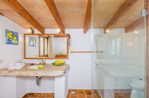 Combined shower/tub, hair dryer, bidet, towels