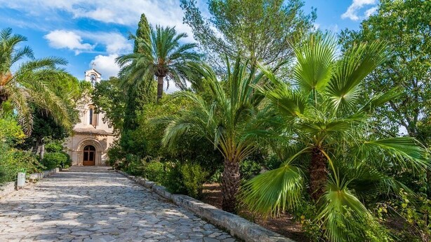 A stone pathway leading to a building with a bell tower, surrounded by lush greenery and palm trees. - CORREFOC - Beautiful villa with private pool in quiet residential area. Free WiFi (Sa Pobla)