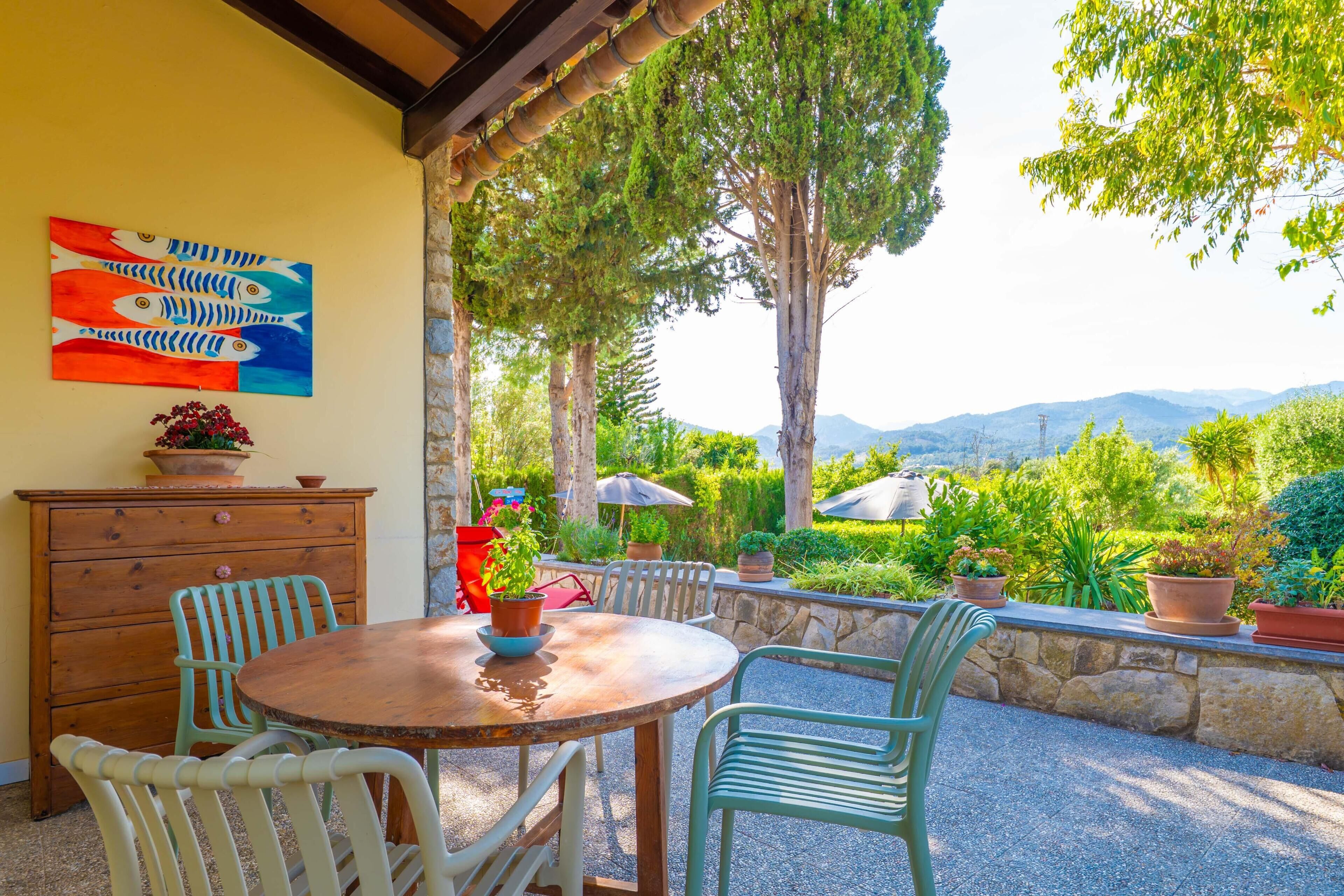 Une terrasse extérieure avec une table et des chaises en bois, entourée de plantes en pot et offrant une vue sur la verdure et les montagnes.