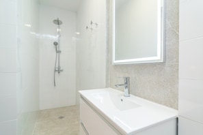Combined shower/tub, hair dryer, bidet, towels