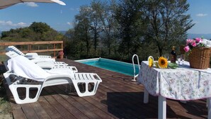 A poolside area with lounge chairs and a table set for a meal, overlooking a natural landscape.