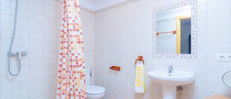 A bathroom with a shower, toilet, sink, and a mirror.
