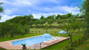 Une piscine rectangulaire, agrémentée de chaises longues et de parasols, entourée d’une clôture en bois et d’une végétation luxuriante.