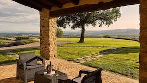 Une terrasse extérieure avec des meubles en osier, un pilier en pierre et une vue sur un paysage verdoyant, avec un arbre et des collines au loin.