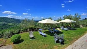 Eine Terrasse mit Liegestühlen und Sonnenschirmen mit Blick auf eine schöne Landschaft.