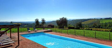 A rectangular swimming pool with a clear blue water surface, surrounded by a brick patio with lounge chairs.