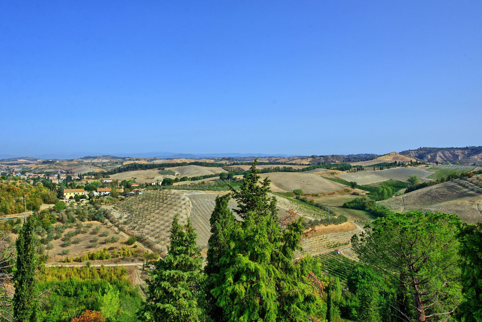 A panoramic view of a hilly landscape with vineyards, a small village, and a clear blue sky.