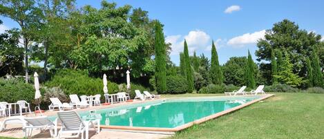 Una piscina rectangular con agua cristalina, rodeada de césped y árboles. Hay sillas de descanso blancas y sombrillas dispuestas alrededor de la piscina.