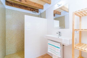 Combined shower/tub, hair dryer, bidet, towels