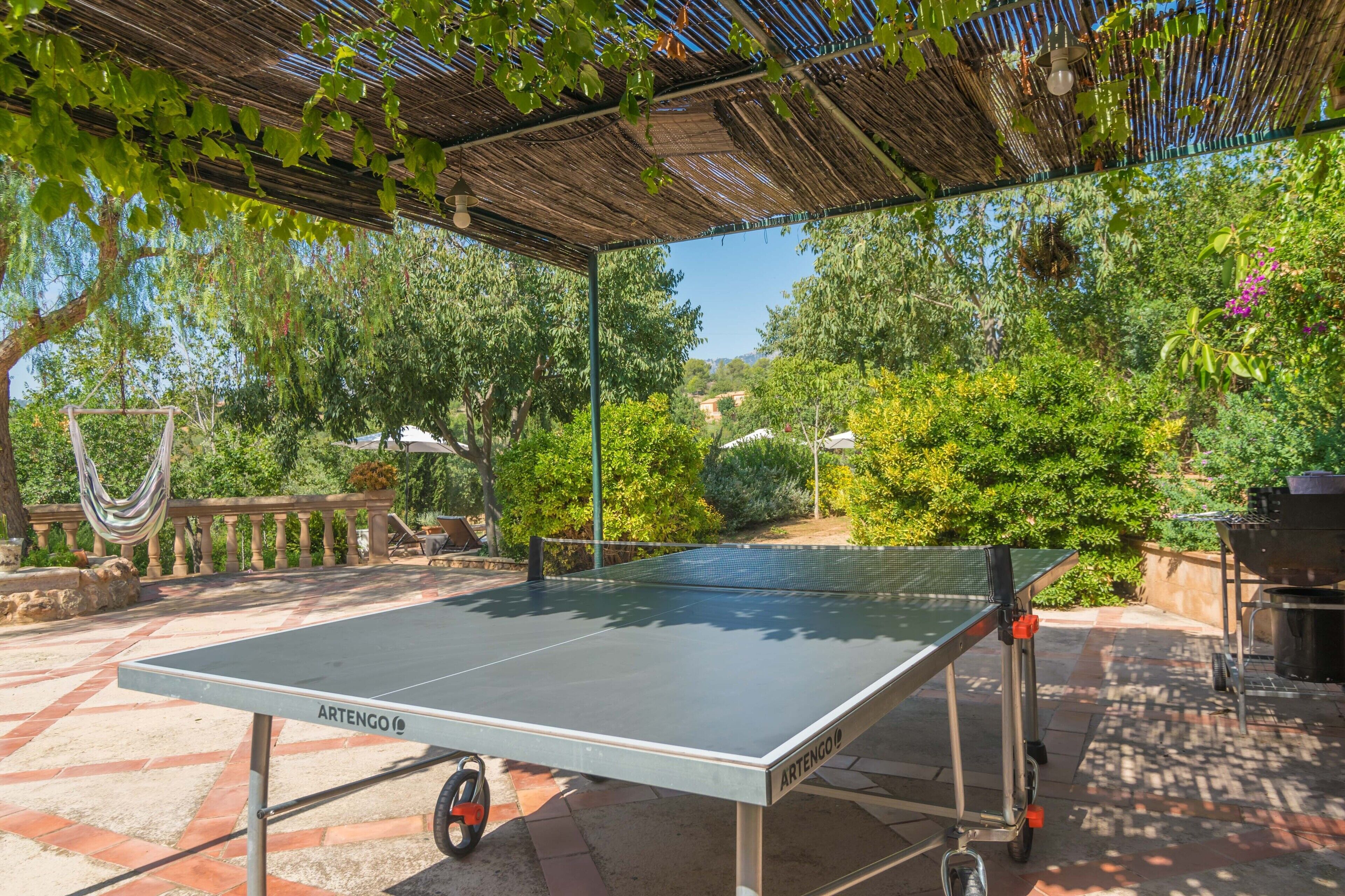 Une table de ping-pong installée à l’extérieur, sous une pergola, avec vue sur un jardin et des arbres.
