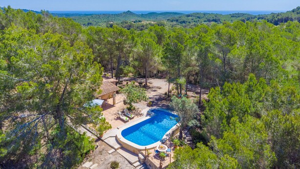 An aerial view of a villa with a swimming pool surrounded by dense pine trees, overlooking a hilly landscape. - CASA MAS - Villa with private pool in Felanitx and free WiFi (Felanitx)