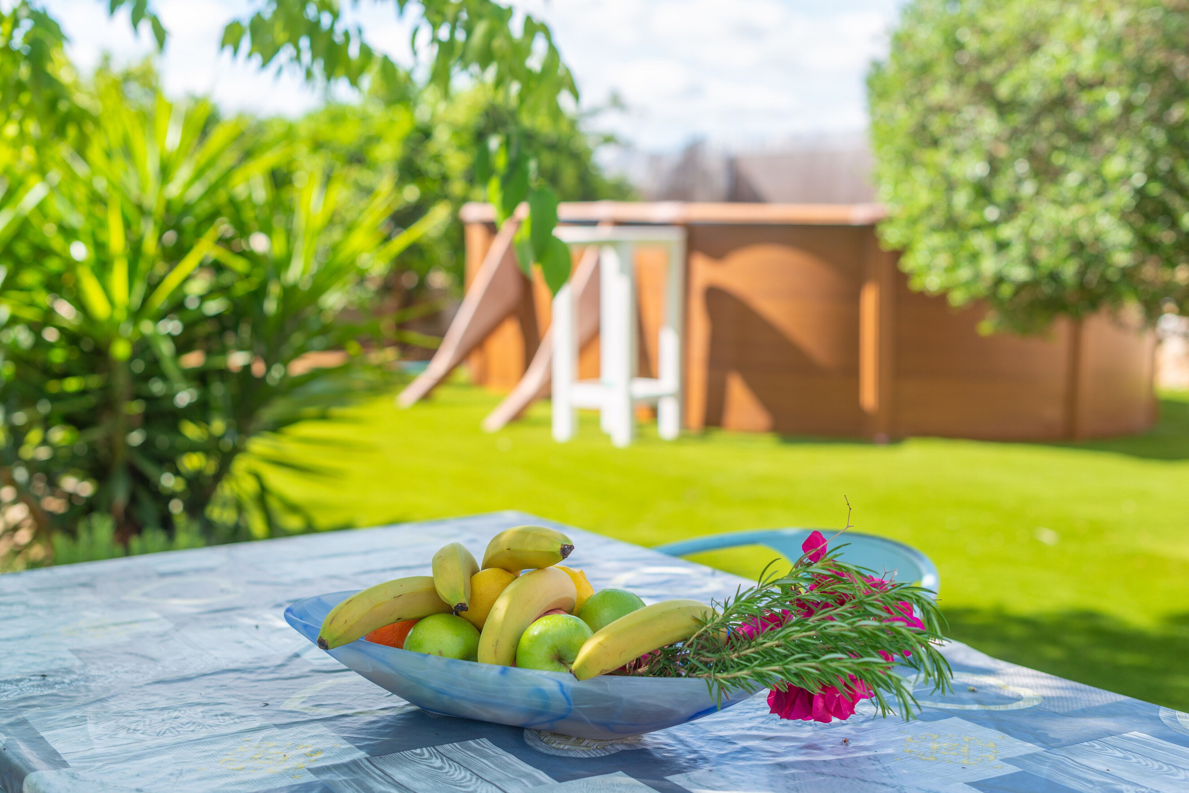 Ein Tisch mit einer Obstschale und einer Blumenvase in einem Garten.