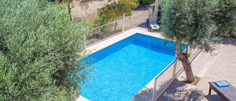 Una piscina rectangular con una escalera blanca, rodeada por una valla blanca. Se observan dos sillones de jardín con cojines azules y una estructura de pérgola al fondo.