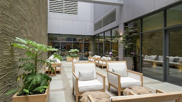 An indoor seating area with wooden chairs and tables, large windows, and indoor plants.