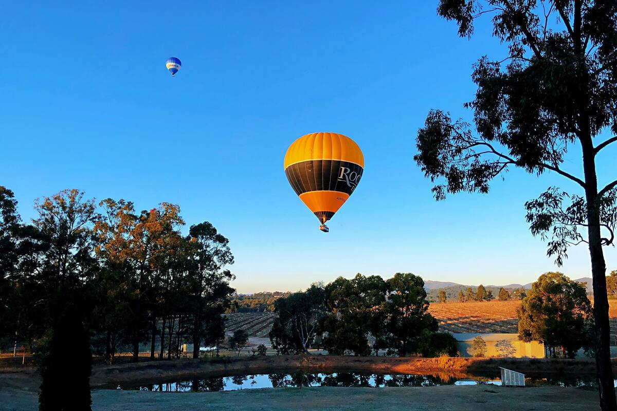 A hot air balloon in a rural landscape with trees and a body of water.