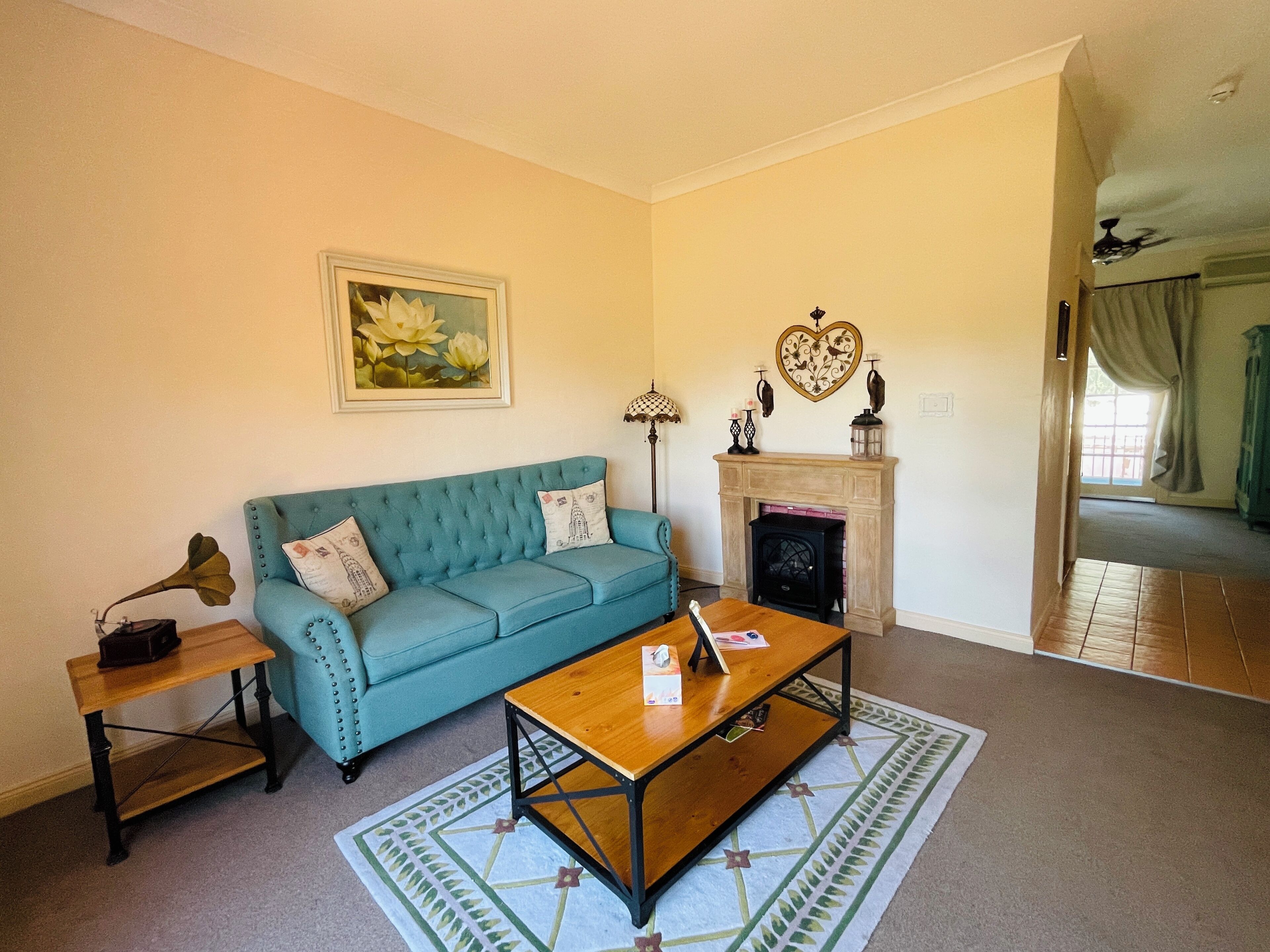 Televisión de pantalla plana, chimenea, reproductor de DVD