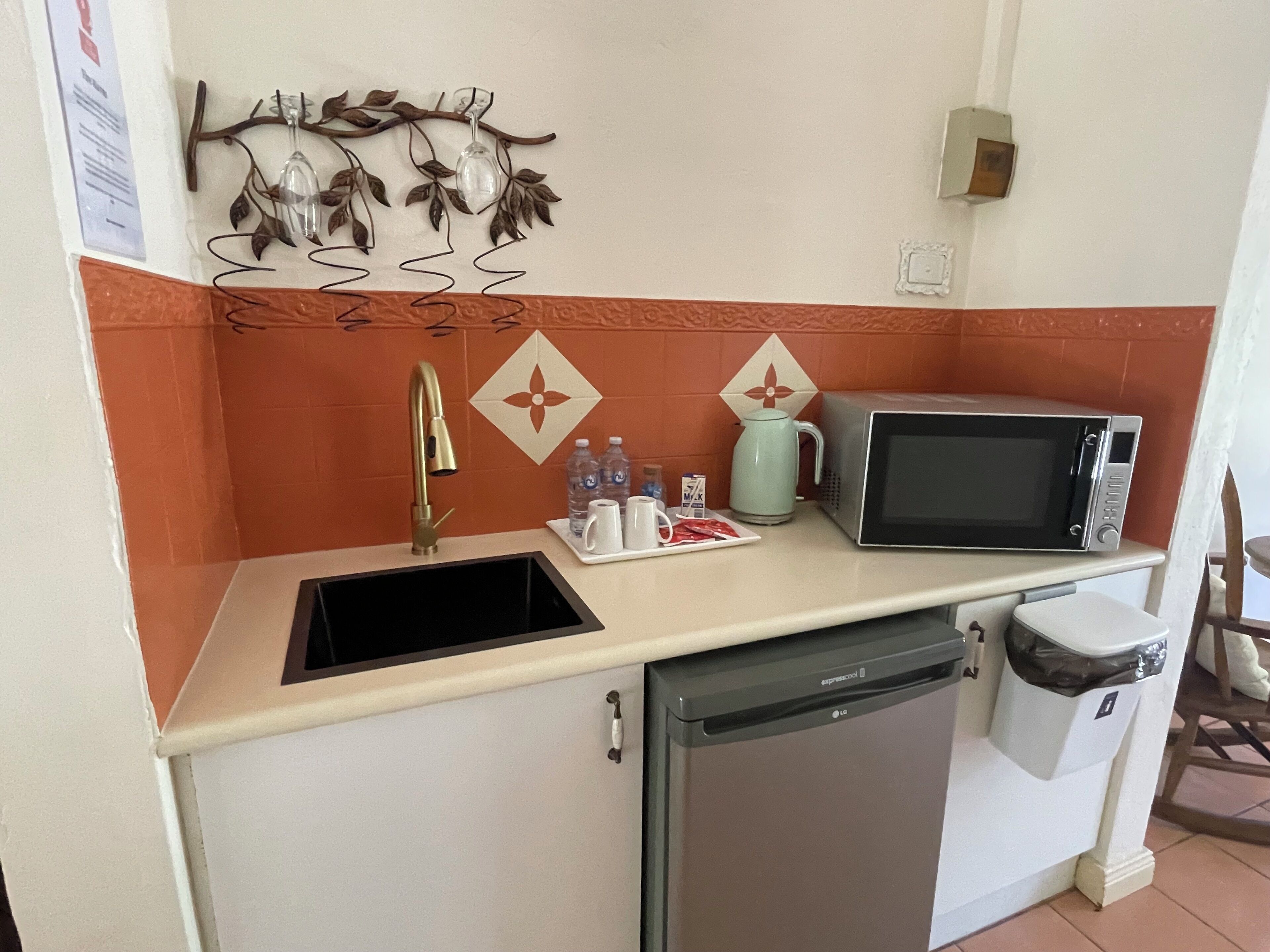A compact kitchenette with a sink, a microwave, a kettle, and a dish rack.