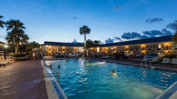 Seasonal outdoor pool, a heated pool, pool loungers