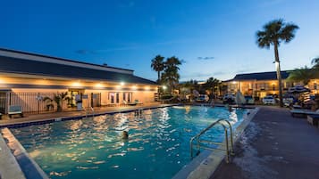 Outdoor pool, a heated pool, pool loungers