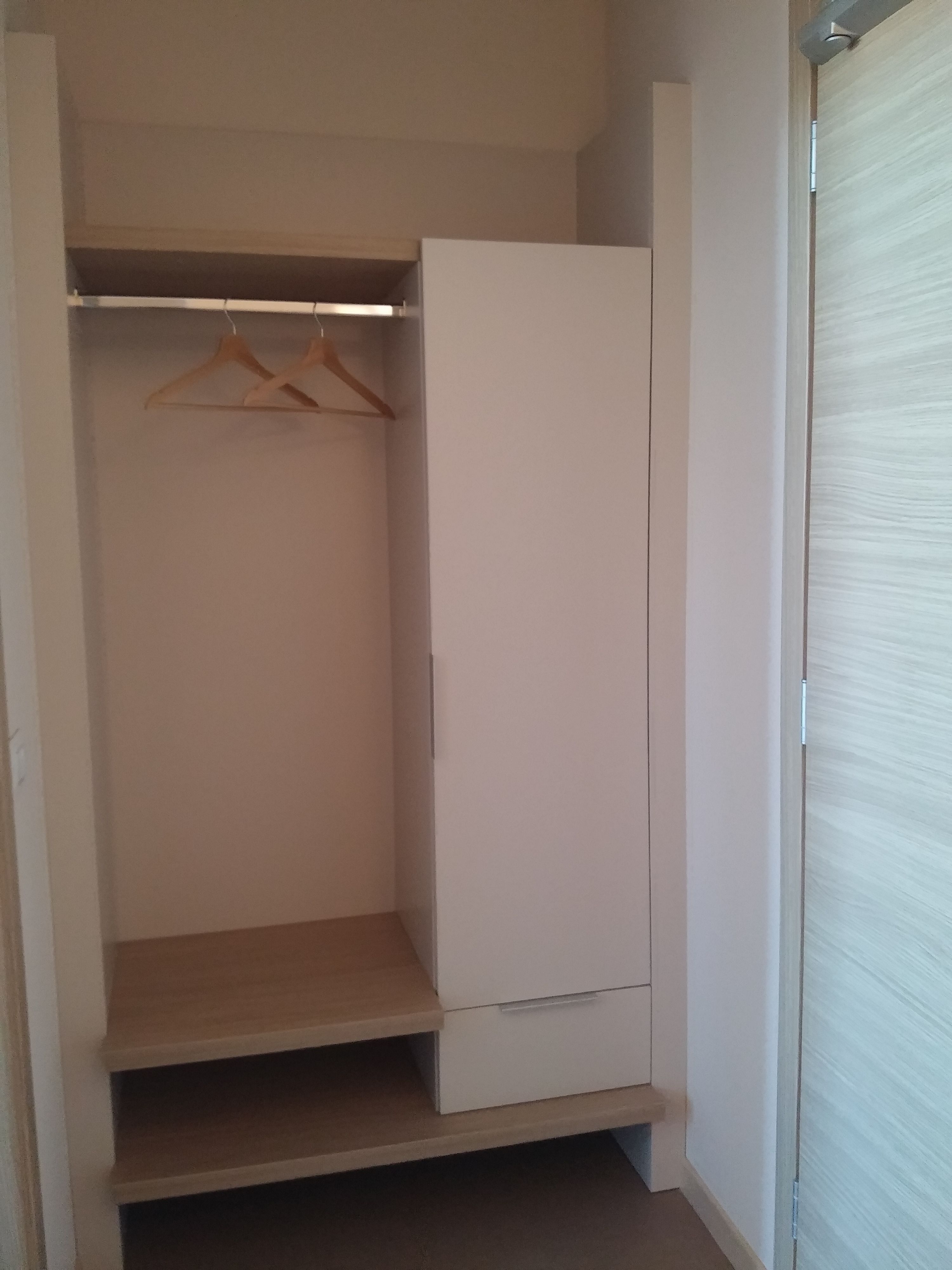 A walk-in closet with a hanging rod and a single shelf.