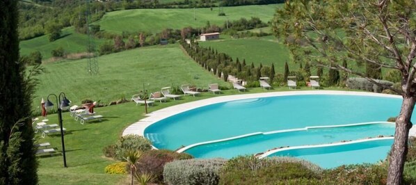 Seasonal outdoor pool, pool umbrellas, pool loungers