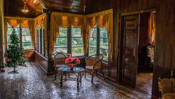 Une pièce chaleureuse avec un plafond en bois, de grandes fenêtres ornées de rideaux, des fauteuils en osier, une petite table avec un vase et un sapin de Noël.