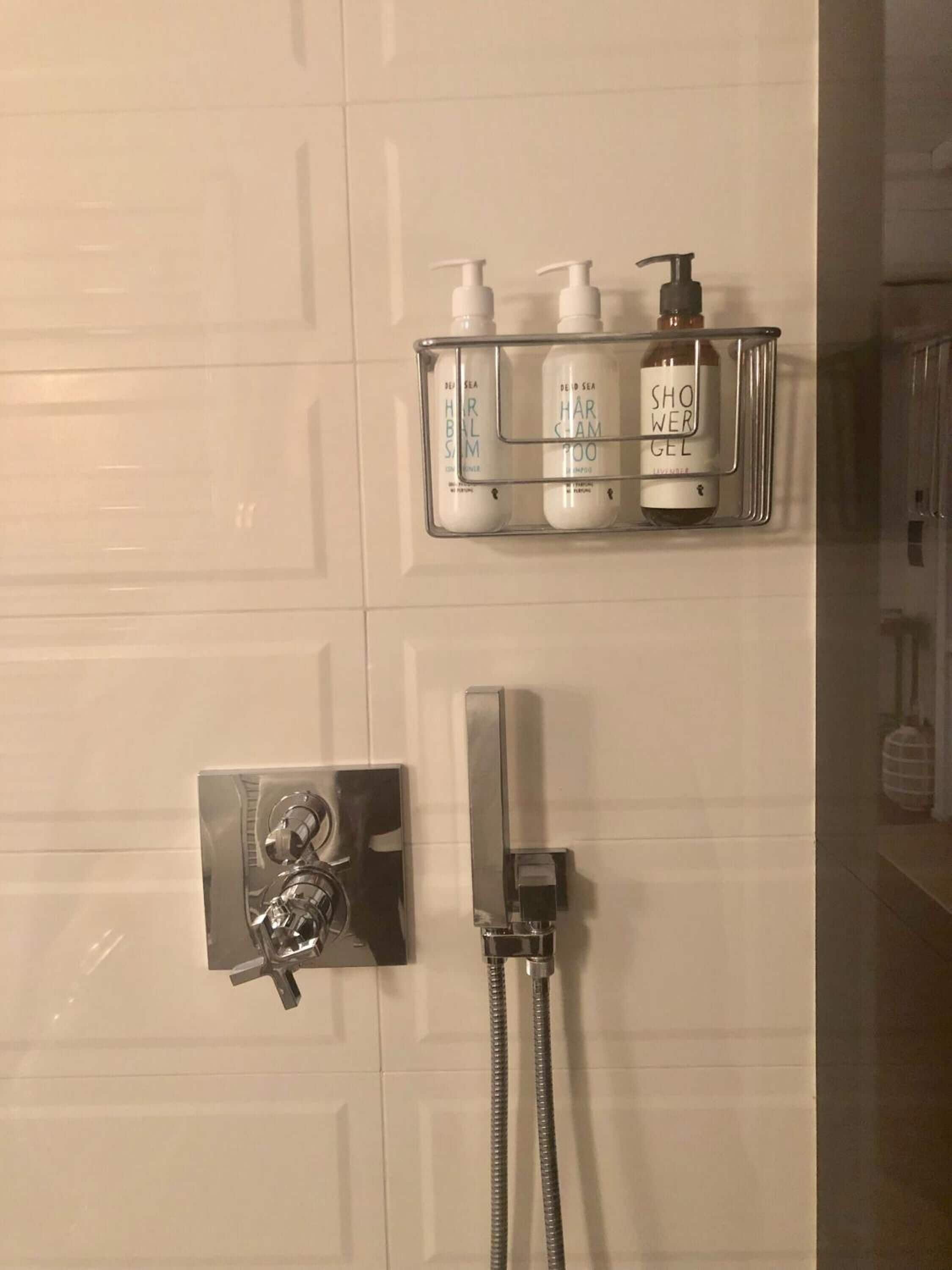 A bathroom with a shower, a handheld showerhead, and a soap dispenser mounted on the wall.
