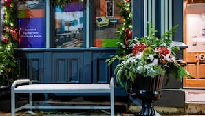 A bench outside a building with a large potted plant with greenery and red ornaments. - Granville Hall Residence (Halifax)