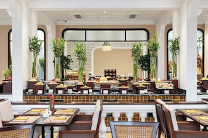 A hotel dining area with multiple buffet stations, seating arrangements, and decorative plants.