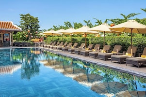 Una piscina con sillones de descanso y sombrillas, rodeada de follaje.
